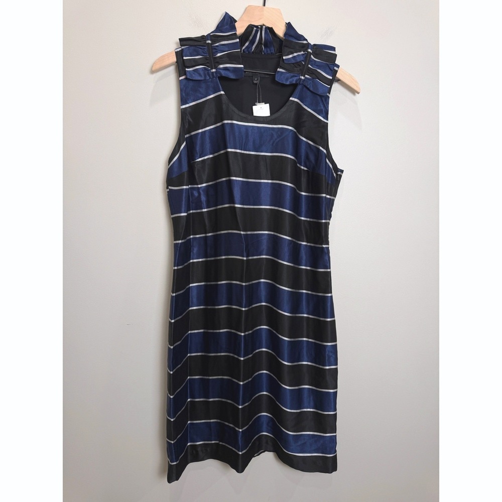 NWT Banana Republic Ruffle Neck Sleeveless Shift Dress Blue Black Striped 8 Chic